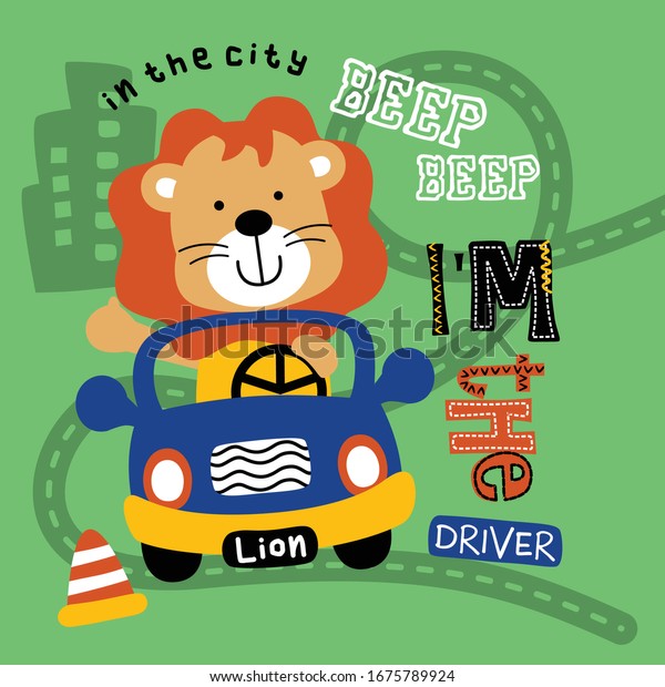 lion driving a car on the city,funny animal\
cartoon,vector\
illustration