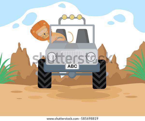 lion driving\
a jeep in the jungle cartoon\
vector
