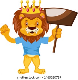 Lion with dust pan, illustration, vector on white background.