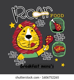 the lion is eating meat funny animal cartoon,vector illustration
