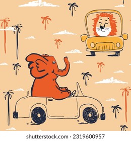 Lion and elephant car funny cool summer t-shirt seamless pattern. Road trip vacation print design. Beach tropical travel kids apparel, nursery wild jungle exotic wallpaper Hand drawn cartoon animal