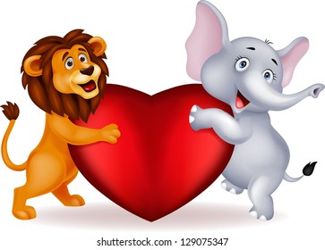 Lion and elephant embracing red heart