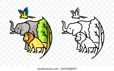 Lion, elephant, macaw parrot, tree and plant, bird and animals, graphic design. Ecosystem, environment, environmental, biodiversity and diversity, vector design and illustration