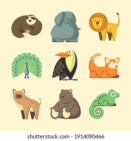 lion elephant toucan bear chameleon jungle animals cartoon icons vector illustration