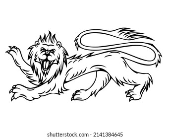 Lion emblem, predator, wild animal, wildlife, coat of arms, heraldic symbol, design, vector, illustration in black and white color, isolated on white background