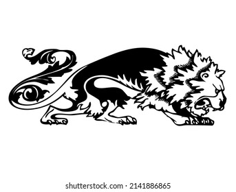 Lion emblem, predator, wild animal, wildlife, part and element on coat of arms, heraldic symbol, design, vector, illustration in black and white color, isolated on white background