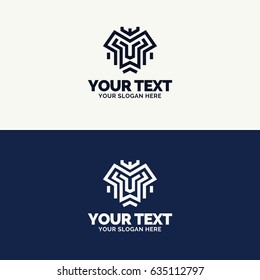 Lion emblem set consisting lion head cyan color bold line flat style isolated on background for business company, shield firm, t-shirt design, label, badge, sticker. Vector Illustration