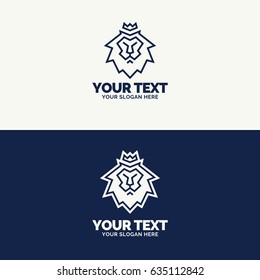 Lion emblem set consisting lion head cyan color thin line flat style isolated on background for t-shirt design, label, badge, sticker, business company, shield firm. Vector Illustration
