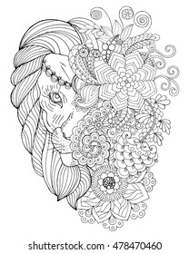Lion. Ethnic patterned vector illustration. African, indian, totem, tribal, zentangle design. Black white hand drawn doodle animal. Sketch for coloring page, tattoo, poster, print, t-shirt