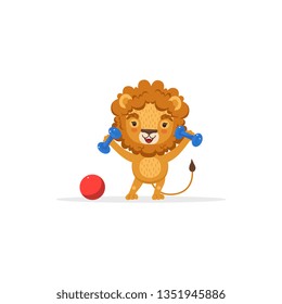 Lion Exercising with Dumbbells, Cute African Animal Cartoon Character Vector Illustration