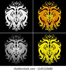 Lion face in boho style. Graphic illustration. Set of logo design isolated on black background.