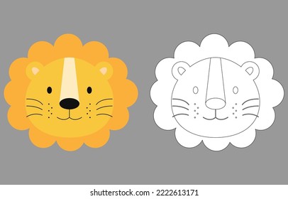 Lion face cartoon character. Cute outline lion animal face coloring book for kids. Vector illustration. Outline icon lion head. Cartoon face logo.