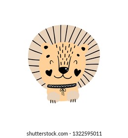 Lion face character poster. Vector illustration in Scandinavian style. Funny, cute Doodle cartoon Wild animals for kids.