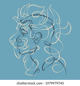 Lion face.One continuous line. Portrait of a male face.Animal head. Carnival mask on the face of a male character.Totem symbol.Tattoo design. Face and animal profile.Continuous color line. Lion logo