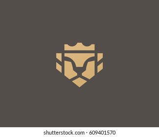 Lion face crown logo design. Universal premium vector logotype.