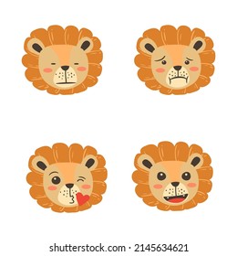 Emoticono facial de león con cara sin expresión, vómitos, beso cardíaco y cara sonriente.