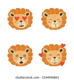 Lion face emoticon with heart eyes face, kiss, smiling face with heart and dizzy face.