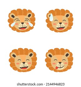 Lion face emoticon with joy face, yum, sweat smile and smile face.