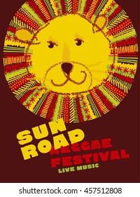 lion face in folk style. classic reggae color music concept poster. Jamaica poster vector illustration
