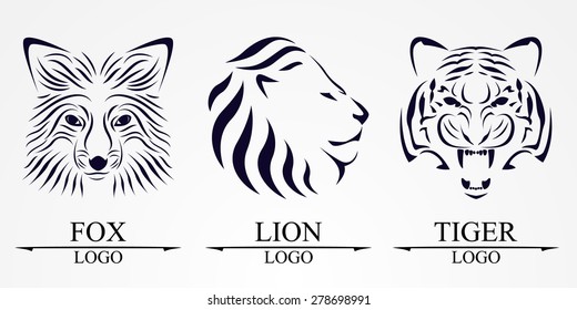 Lion face, fox face and tiger face logo emblem template for business or t-shirt design. Vector Vintage Design Element.