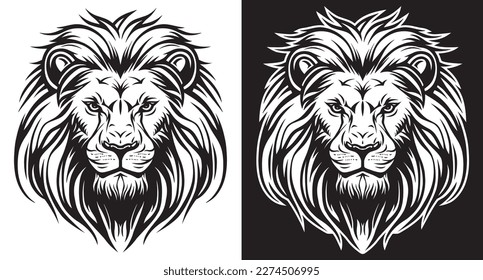 Lion face front view black and white line art eps vector art image illustration. Lion head with mane hair logo design and sticker graphic.