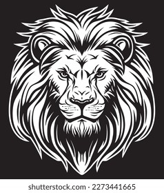 Lion face front view vector art image logo template, sticker and tattoo design on dark background.