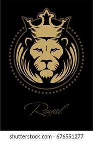 Lion face, lion head with the crown in the circle, vector logo.