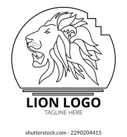 Lion face line art logo vector illustration on white background with dummy text.