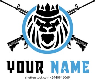 Löwengesicht Logo Design mit Waffen Vektor