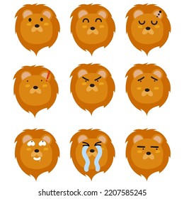 Lion face mood. Present of face Still, Smile, Sleep, Angry, Sad, Confused, Obscene, Cry, Glance.
Cute Wildlife Animal Character Vector Illustration.