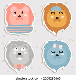 Lion Face Mood Sticker. Cute Wildlife Cartoon Animal hang on Tag Vector Illustration.