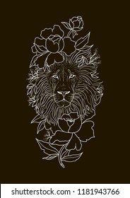 Lion Face with Peony flowers. Vector Line Illustration. Graphic sketch for tattoo, poster, clothes, t-shirt design. Coloring book for kids and adults.