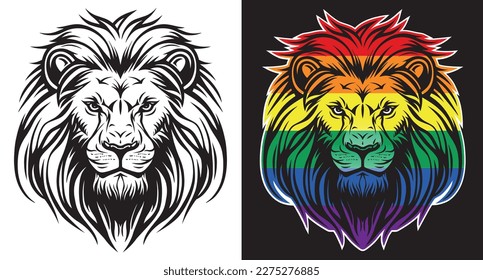 Lion face and rainbow LMBTQ flag front view eps vector art image illustration. Lion head and rainbow LMBT flag with mane hair logo design and sticker graphic.