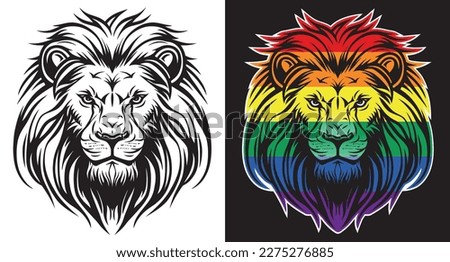 Lion face and rainbow LMBTQ flag front view eps vector art image illustration. Lion head and rainbow LMBT flag with mane hair logo design and sticker graphic.