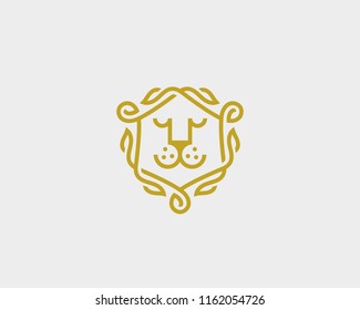 Lion face shield vector logo. Linear animal head logotype .