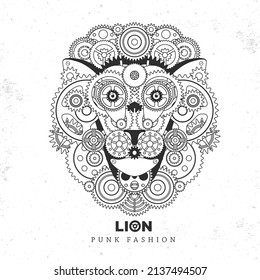 Lion face silhouette with gears. Punk style. Vector illustration
