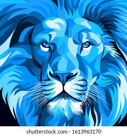 lion face, simple design, blue color, dark background. - Vector.