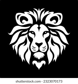 Cara de león. Ilustración vectorial de escala de grises estilizada aislada en fondo negro. Símbolo de zodiaco. Ilustración plana de cabeza de león