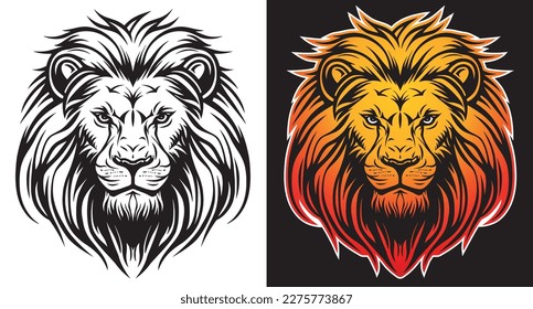 Lion face vector image front view on dark background. Lion head line art sticker and logo template.