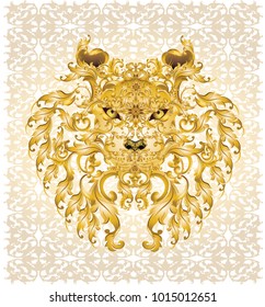 Lion face with victorian golden florals and leaves