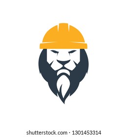 Lion face with worker construction logo icon