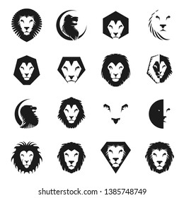 Lion Faces heraldic elements set. Heraldic Coat of Arms decorative logos isolated vector illustrations collection.