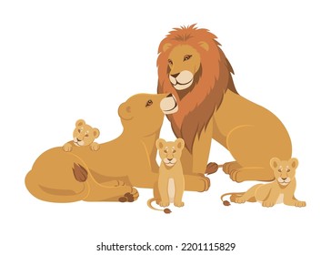 Lion family cartoon composition with father mother lioness and three cubs vector illustration