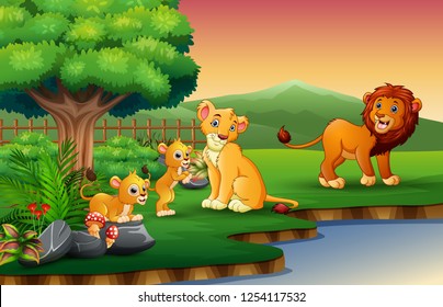 Lion family cartoon are enjoying nature by the river