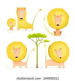 Lion Family Collection Cartoon Mom Dad and Kid. Brightly colored African animals parents and baby. Vector illustration EPS10.