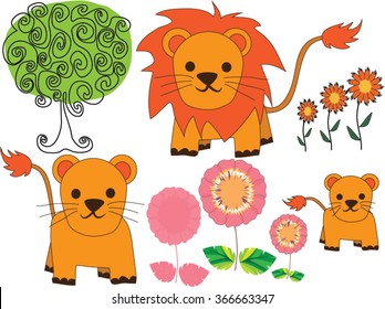 Lion Family Collection Cartoon Mom Dad and Kid. Brightly colored animals parents and baby. 