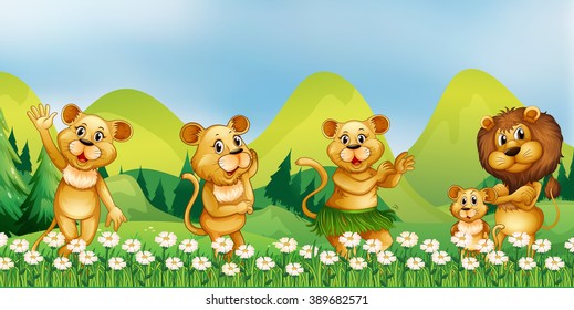 Lion family in the flower field illustration