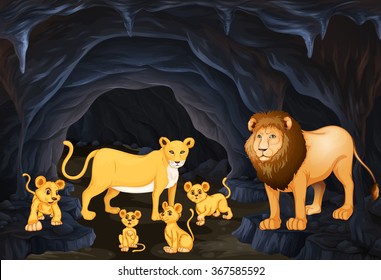 Lion family with four cubs illustration