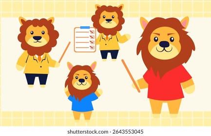 Lion family illustration with a teacher lion and two cubs, one with a pointer great for educational content, kids’ learning, or school promotions.