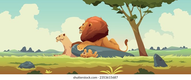 El paisaje familiar de los leones. Caricatura de fondo de vida silvestre con cachorros de león, animales felinos machos y hembras en la naturaleza, concepto zoo safari. Ilustración vectorial. Fauna de Savannah, libertad para los animales